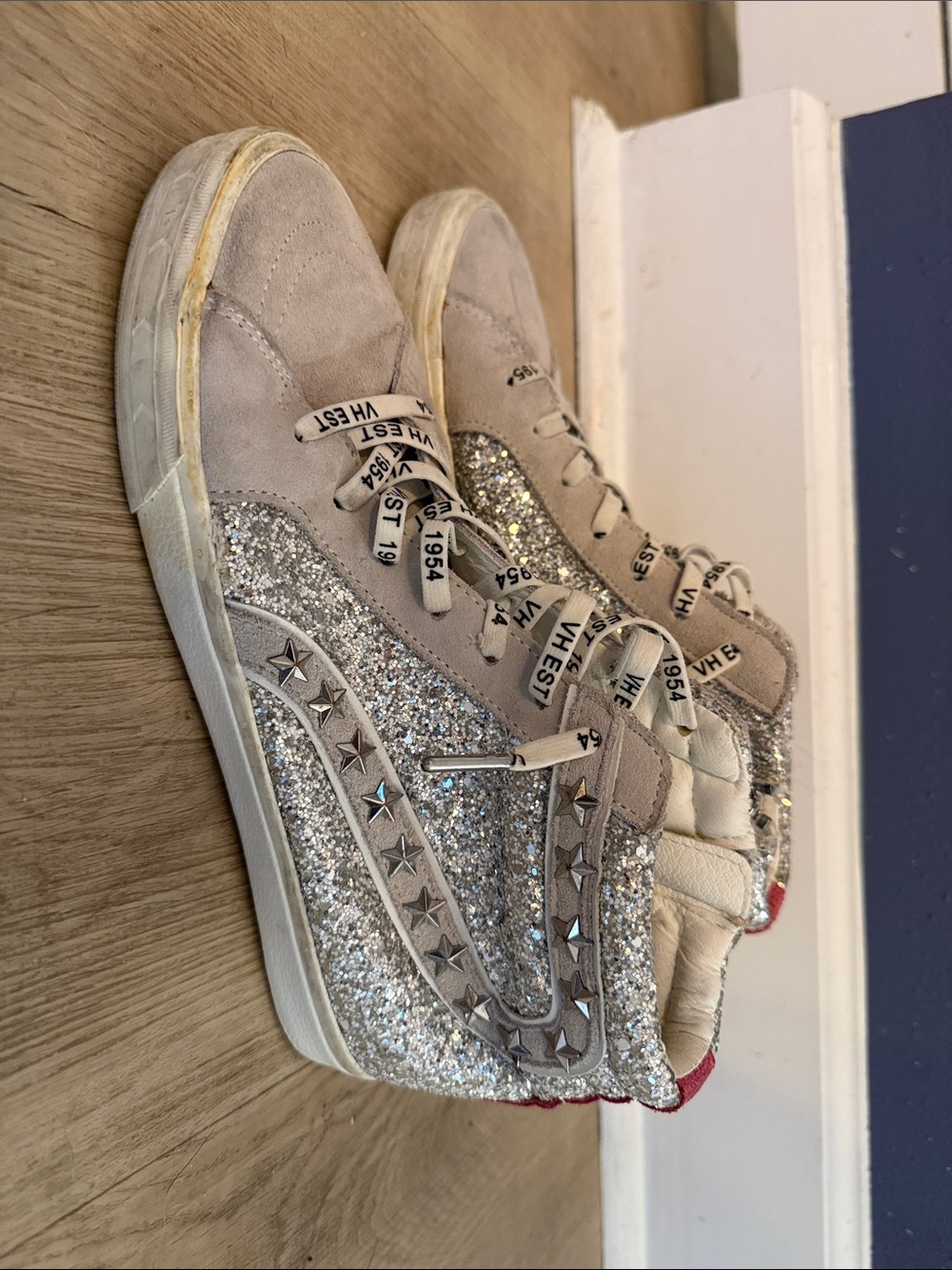 VHNY Glitter High-Top Sneakers in Beige and Silver